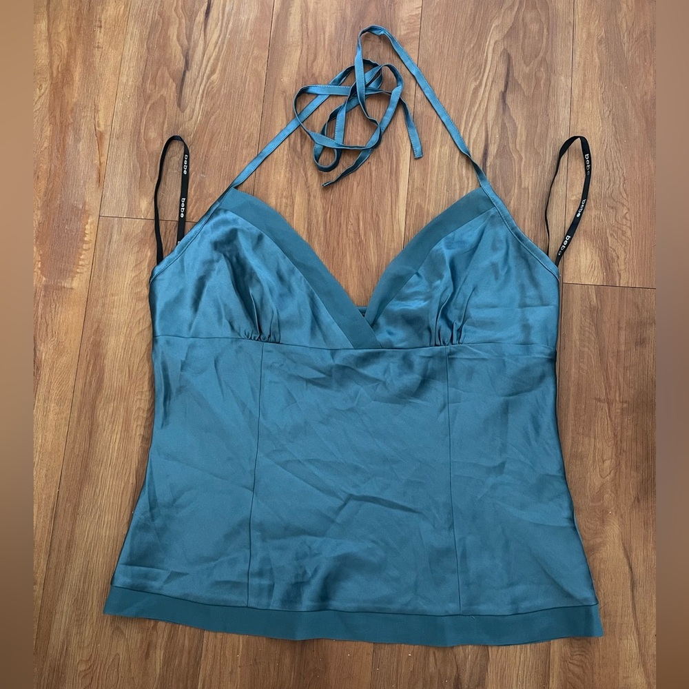 Y2K Vintage Bebe Teal Blue Silk Halter Top M DEADSTOCK